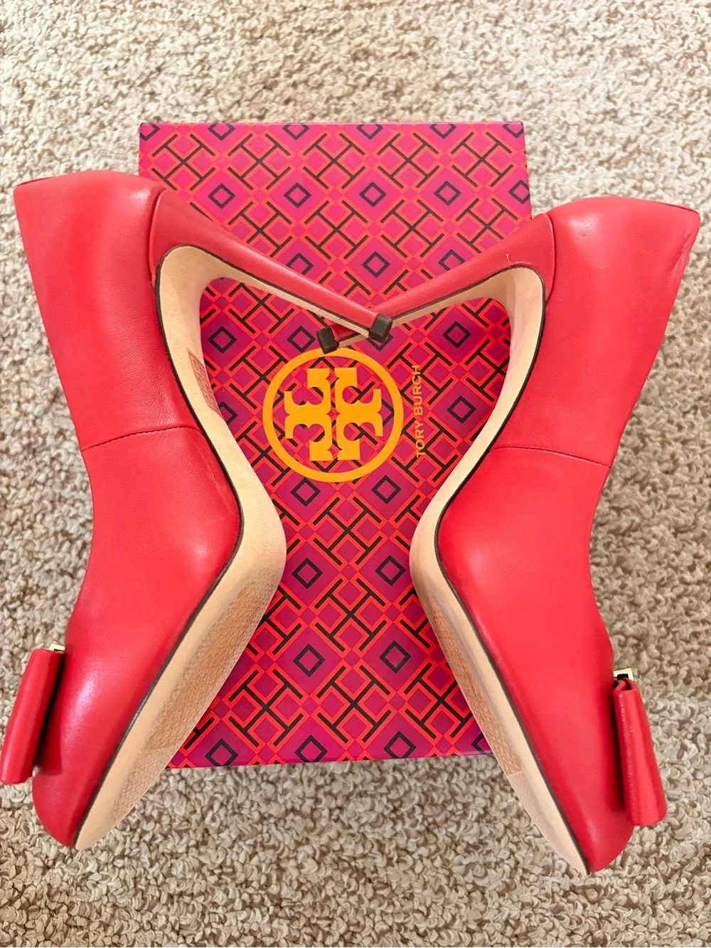 Tory Burch Red Leather Bow Pumps with Gold Plaque